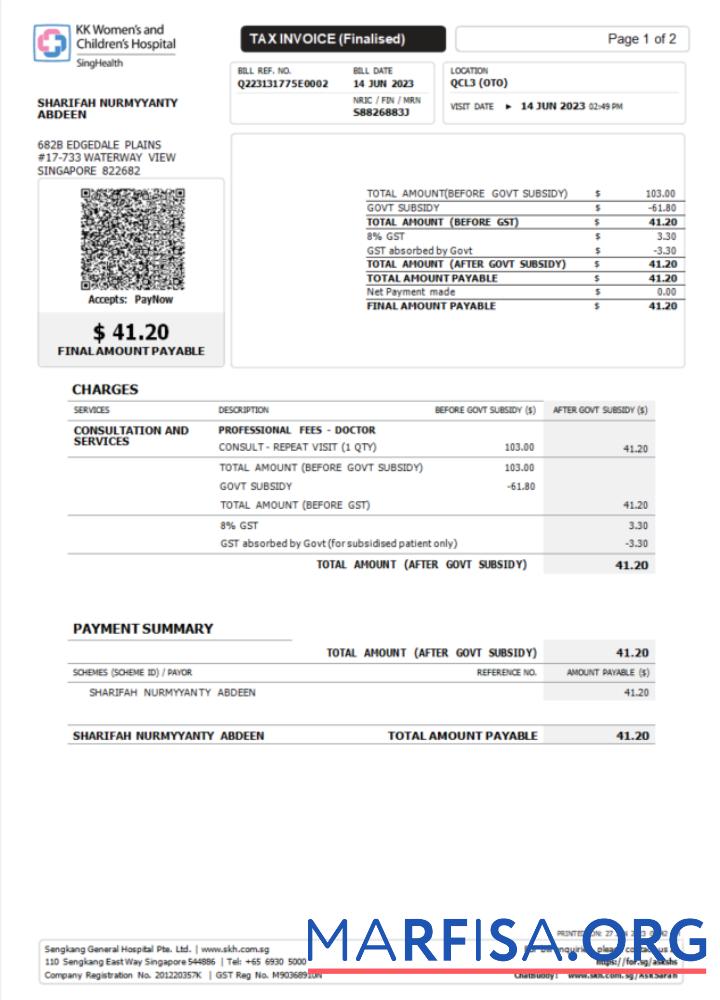 Printable Singapore KK Hospital tax invoice Word and PDF template